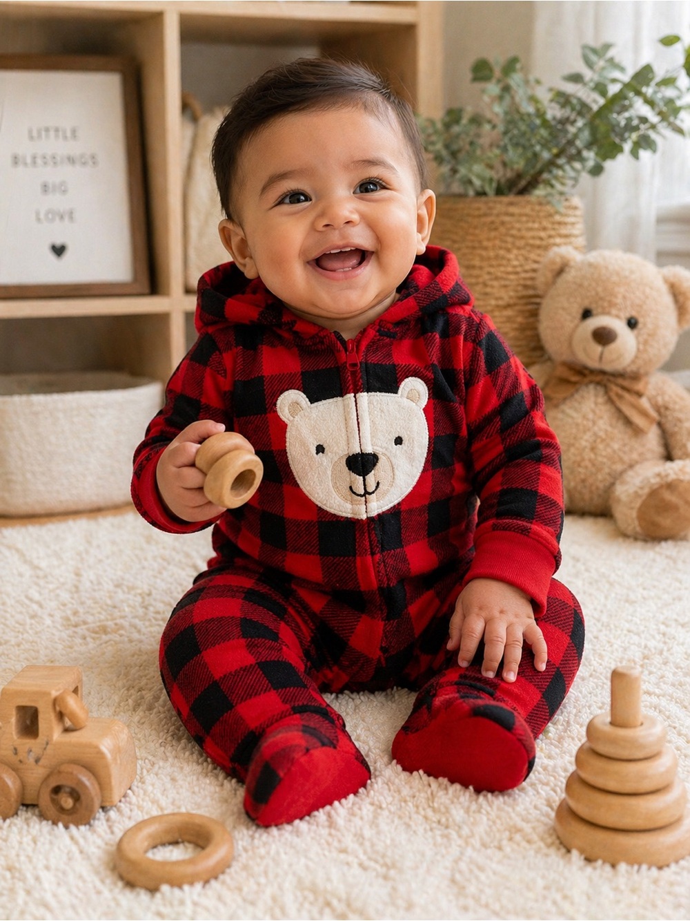 Carter’s 9M Buffalo Plaid Baby  Set NWT Red Black Hooded Romper Gift Cozy